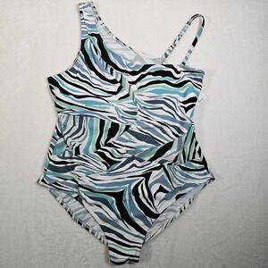 Beyond Womens One Piece Swimsuit White Multi Abstract Zebra Print Size 16